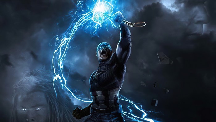 Captain America wielding Mjolnir with Thor in background