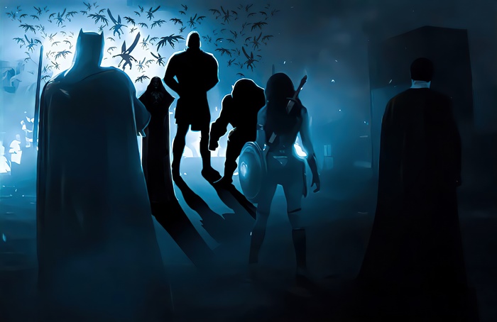 Justice League in a dark, misty environment with flying creatures