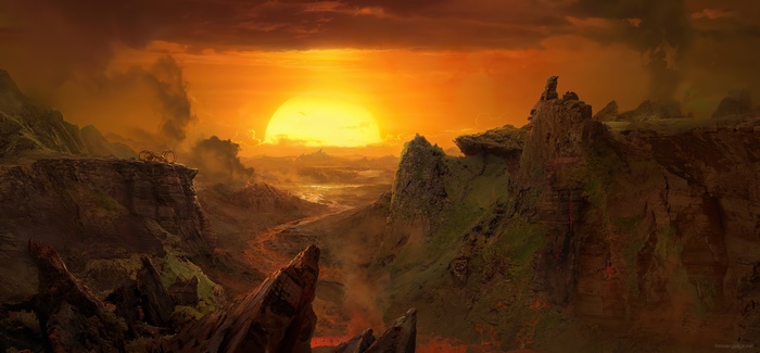 Digital art of a rocky alien landscape at sunrise