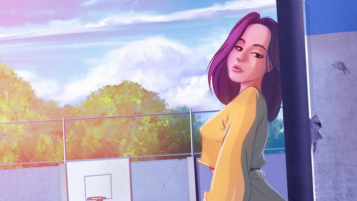 Anime girl with purple hair on basketball court