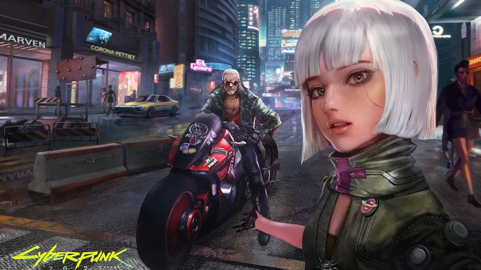 Woman and man on motorcycle in Cyberpunk 2077
