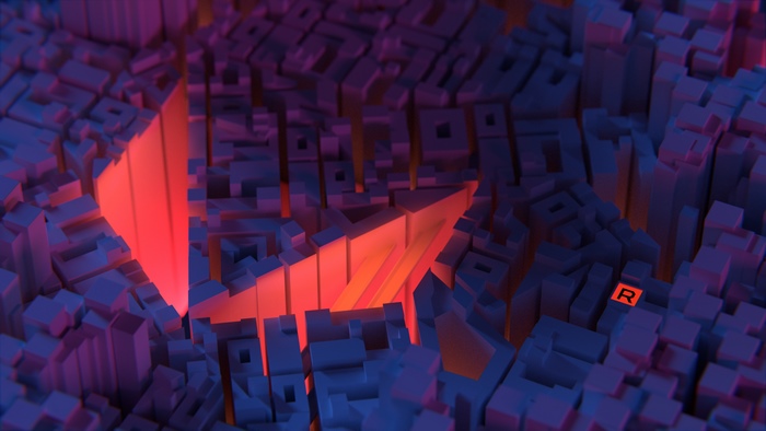 AMD logo on abstract city landscape 4K