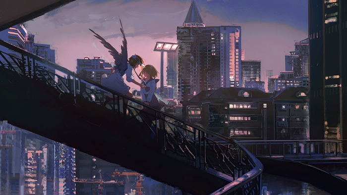 Anime artwork of two girls on a bridge