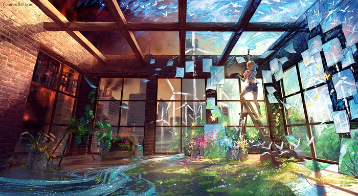Artwork of a girl painting in a studio with a skylight