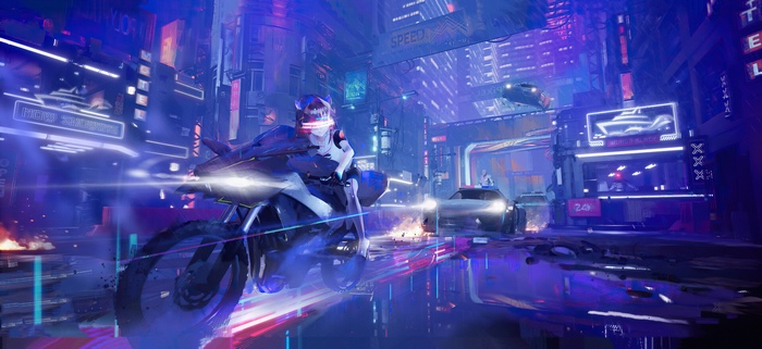 Cyberpunk girl on motorcycle in neon city