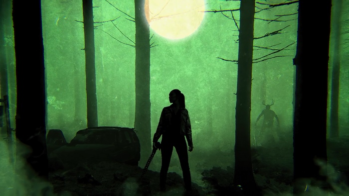 Woman with weapon in forest with creature