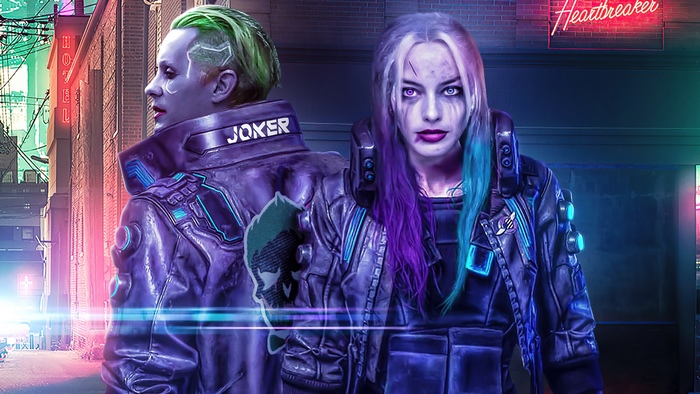 Cyberpunk Joker and Harley Quinn in a city