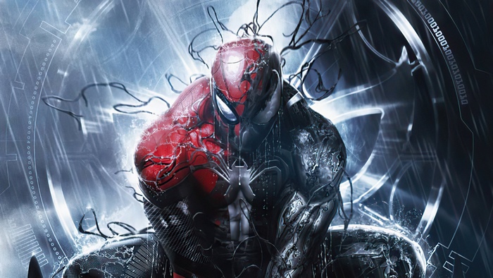 Spider-Man split between red suit and Venom symbiote 4K
