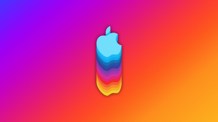 Apple logo with rainbow layers and gradient background