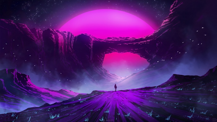Synthwave Digital Artwork Sunset Landscape
