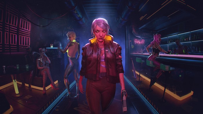 Cyberpunk 2077 characters in a neon-lit bar