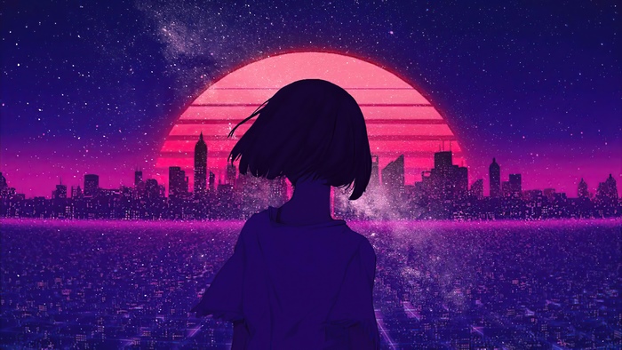Anime girl looking at a retro cityscape at night