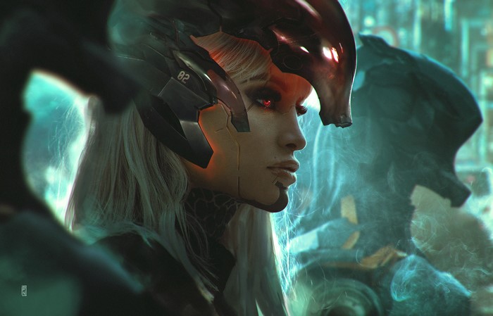 Sci-fi artwork of a cyborg woman with red eyes