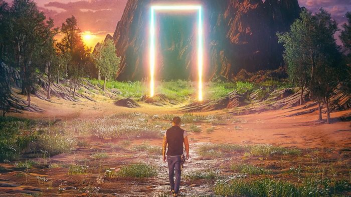 Man walks towards glowing portal in mountain landscape