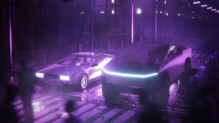 Tesla Cybertruck and DeLorean in Synthwave City