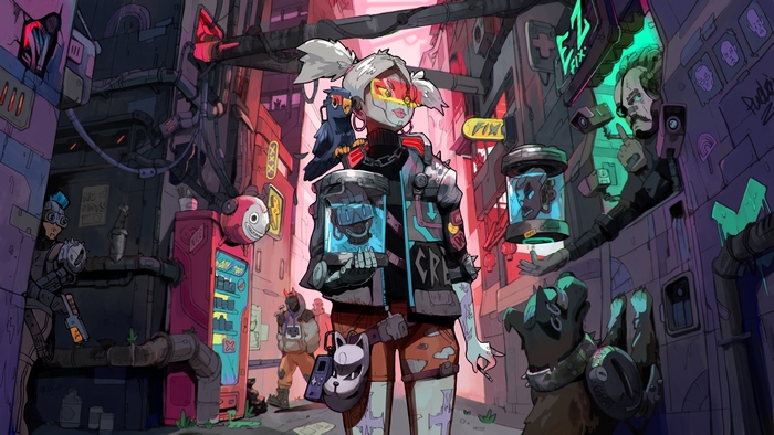 Cyberpunk 2077 art of a street scene with characters