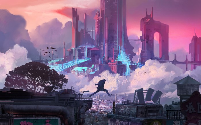 Futuristic Cityscape with Person Jumping