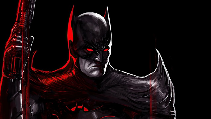 Batman with red glowing eyes holding a weapon