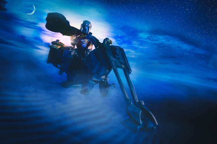 The Mandalorian on a speeder bike