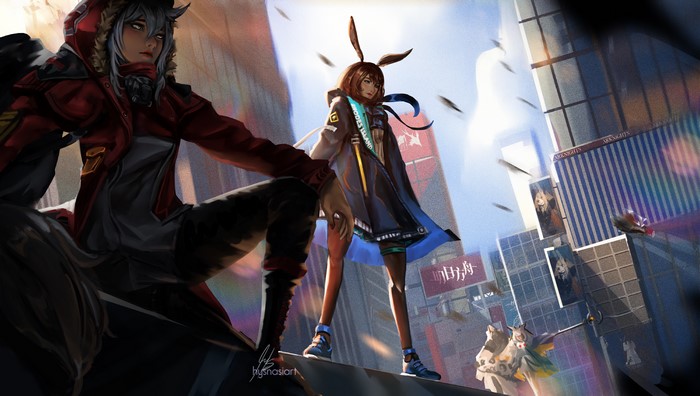 Arknights characters in a city setting