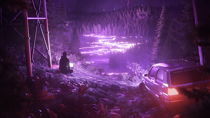 Person with laptop by tower and car in neon forest
