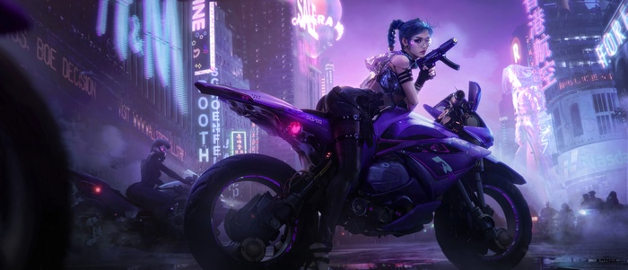 Cyberpunk woman with gun on motorcycle in neon city