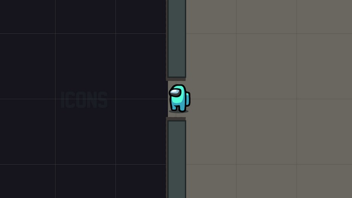 Cyan Among Us character in a hallway