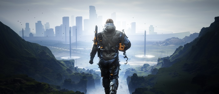 Sam Porter Bridges from Death Stranding in a futuristic city