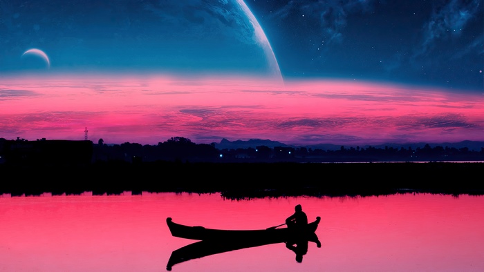 Digital art of a boat on a pink lake
