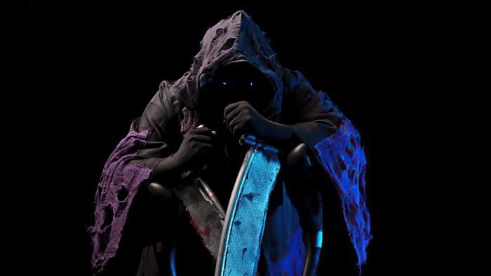 Cosplayer dressed as Grim Reaper with scythe