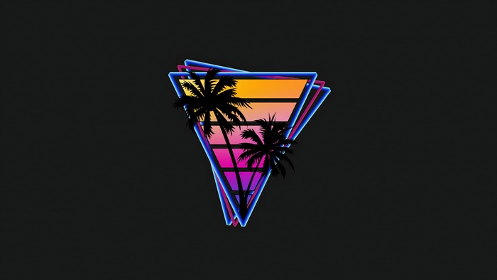 Retrowave triangle with palm trees and sunset