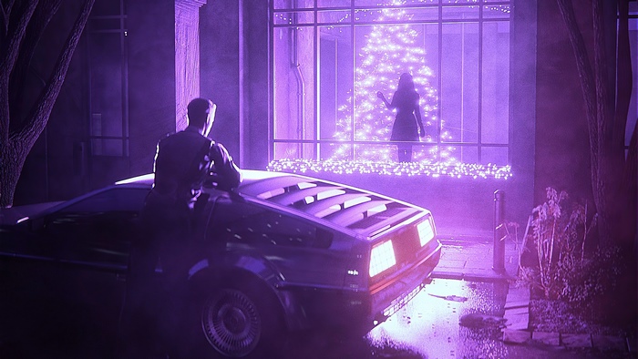 Man leaning on DeLorean with woman by Christmas tree
