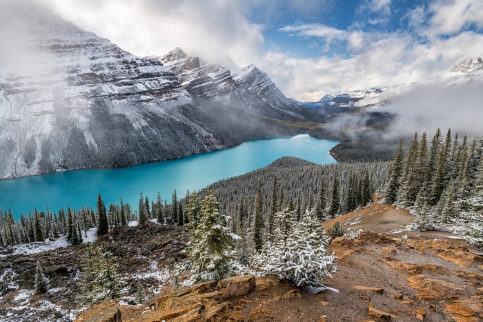 Turquoise Lake Surrounded by Snowy Mountains and Forest