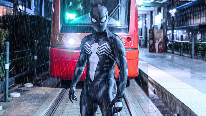 Spider-Man in Black Suit on Rainy Street