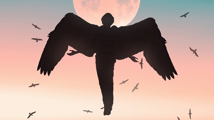 Silhouette of a winged figure against a large moon and birds