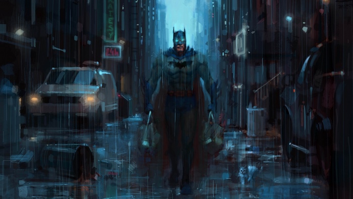 Batman walking in a rainy city alley