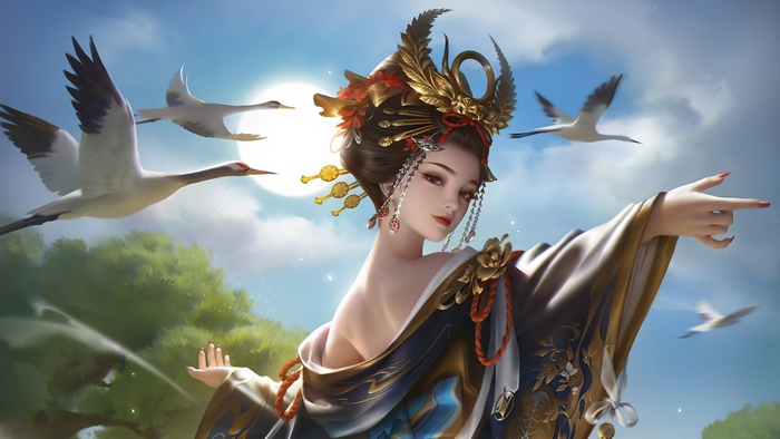 Digital art of a queen with cranes