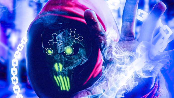 Cyberpunk character with glowing mask and chains