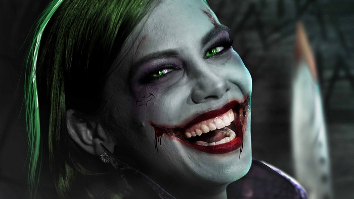 Joker cosplay with green hair and makeup