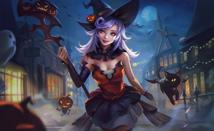 Witch with pumpkins and black cat on Halloween