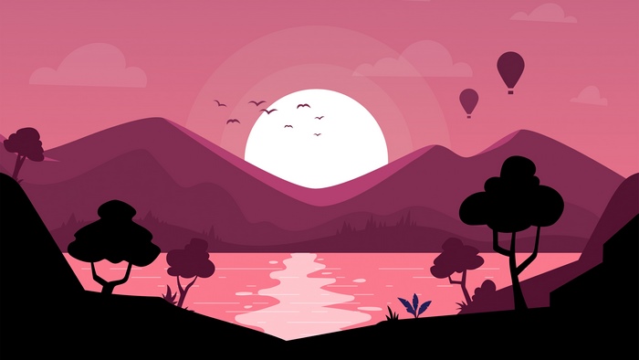 Minimalist landscape with mountains, lake, and hot air balloons