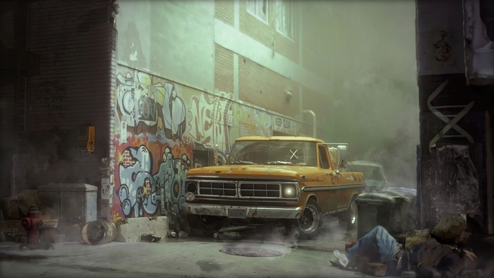 Ford truck in a graffiti-covered alley with smoke