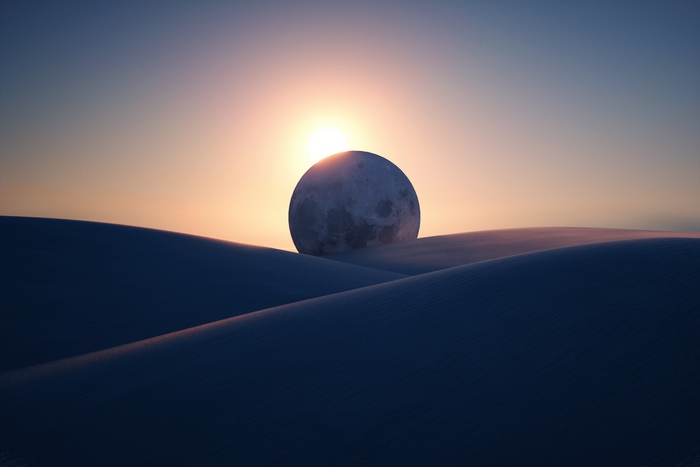 Moon over desert dunes at sunset 4K