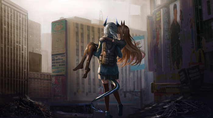 Two girls in a destroyed city, Arknights