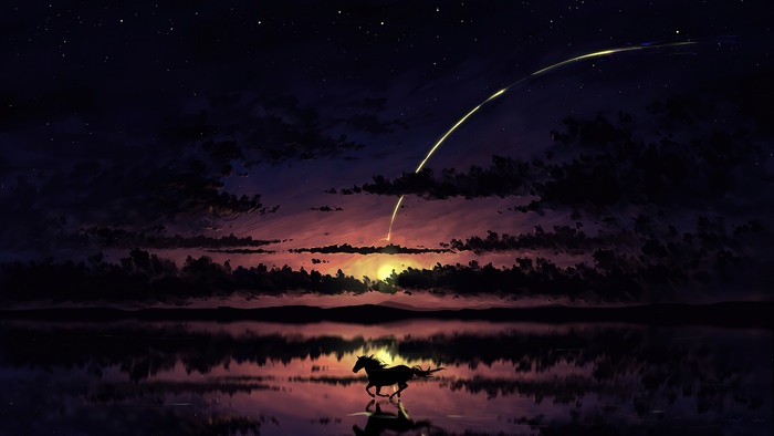 Horse running in front of sunset and shooting star