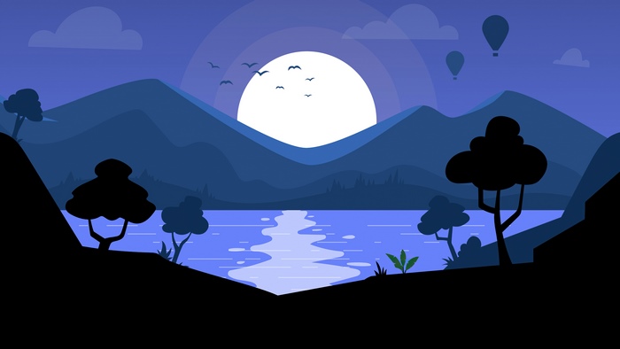Minimalist landscape with sun, mountains, and lake