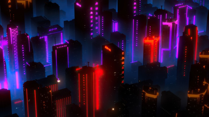 Cyberpunk city skyline with neon lights
