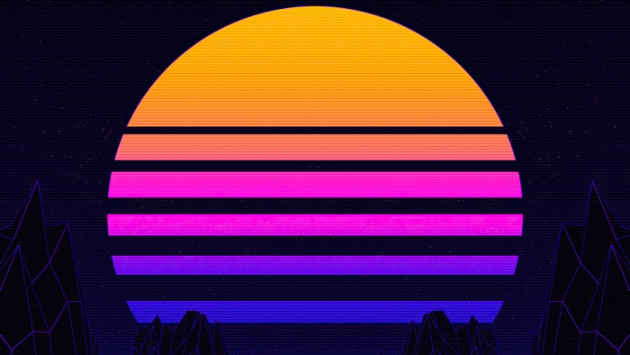 Retrowave sunset over digital mountains