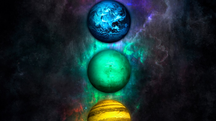 Digital universe artwork with three planets