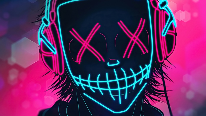 Neon mask with headphones and pink and blue lights